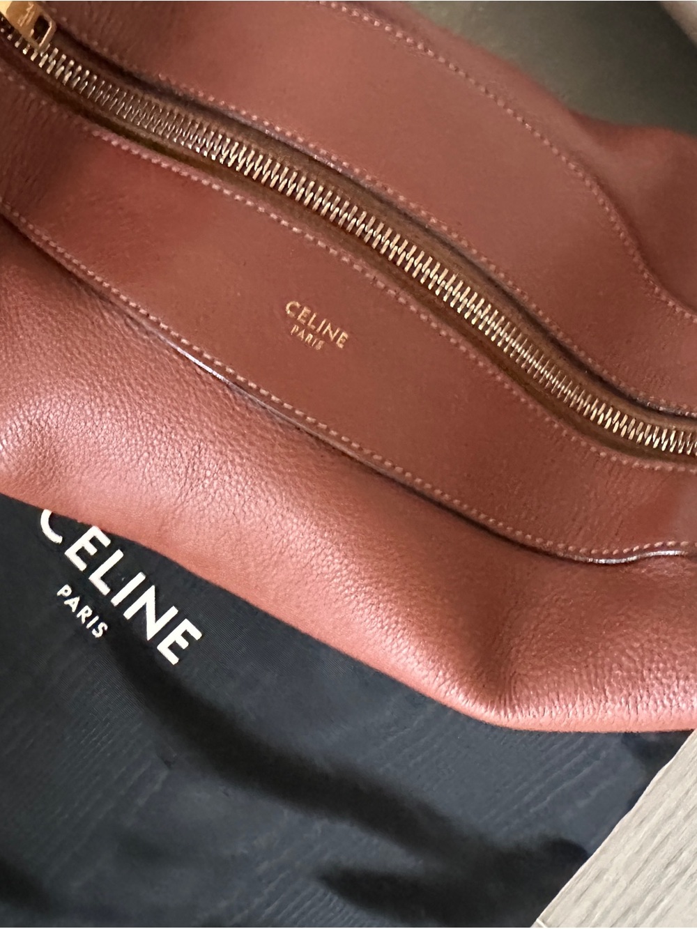 Celine Chestnut Brown Pebbled Leather Shoulder Bag with Gold Hardware.